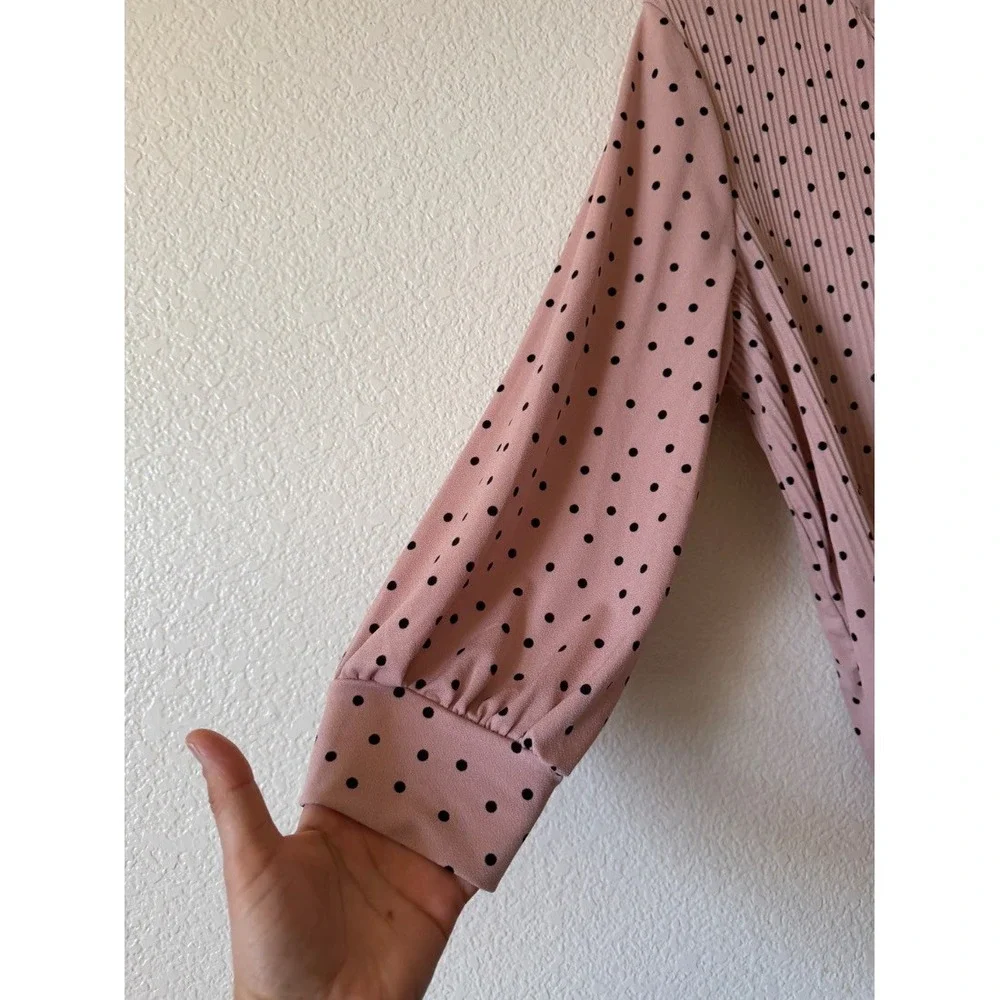 Adrianna Papell Womens Blouse Pink Polka Dot Tie Neck Long Sleeve Top L